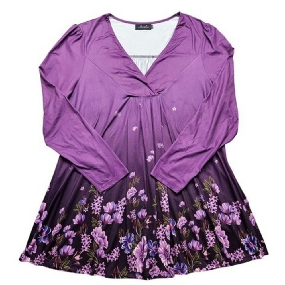 Amzplus Purple Ombre Floral V-Neck Tunic Blouse Long Sleeve Plus Size 2XL